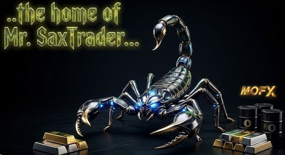 Chrome scorpion emblem of Mr. SaxTrader flanked by gold bars and oil barrels