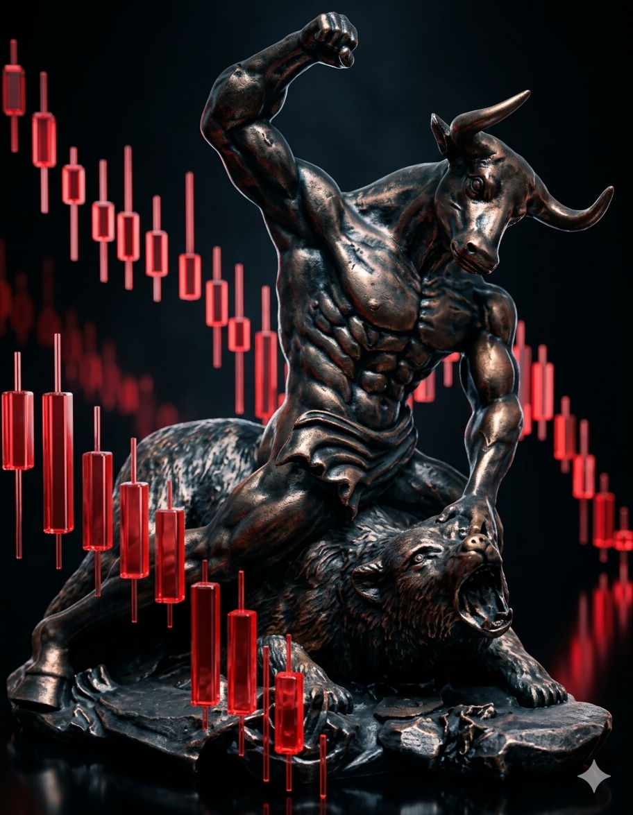 Bronze bull statue pinning a bear amid red candlesticks