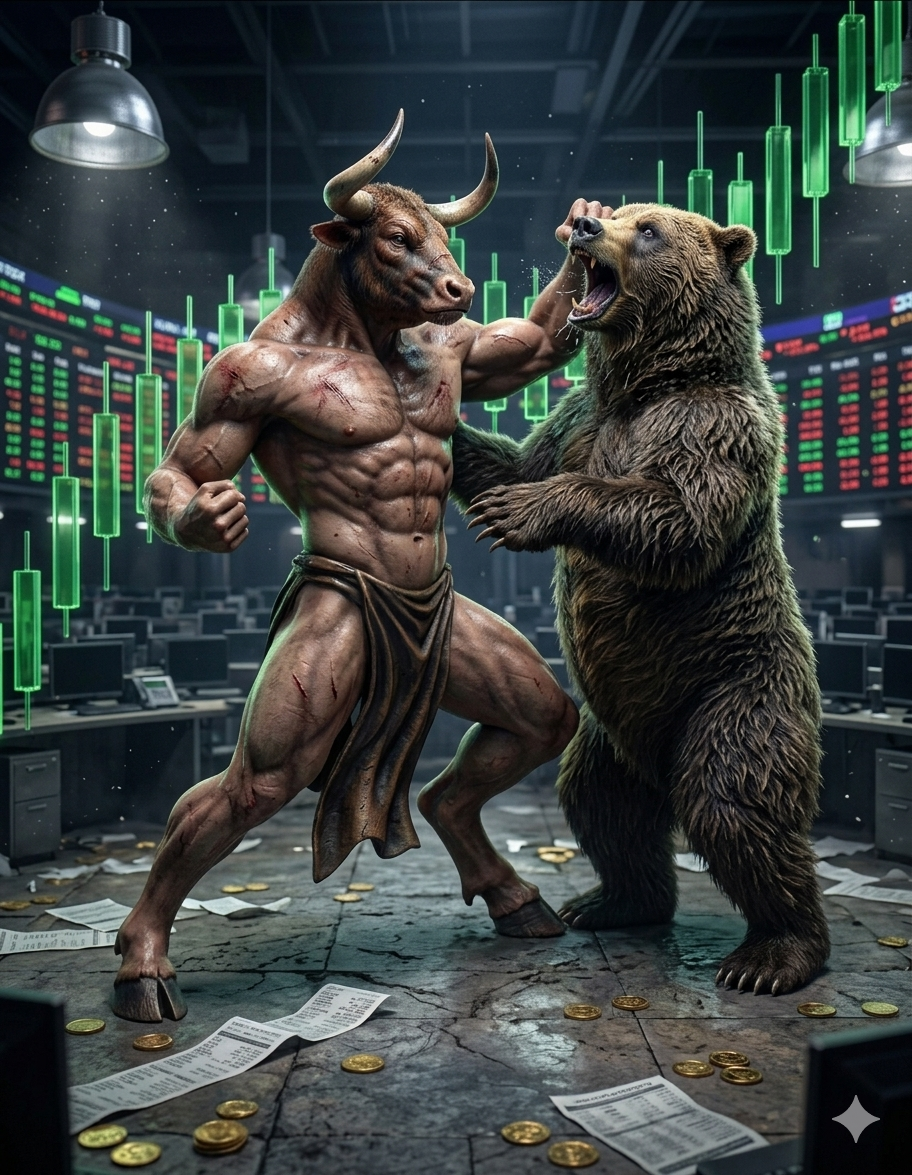 Bull and bear fighting on a trading floor under green candles